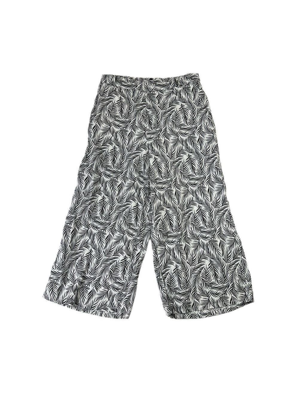 Tahari Wide Leg Crop Pants Black White 100% Linen Large Leaf Pull On Tropical